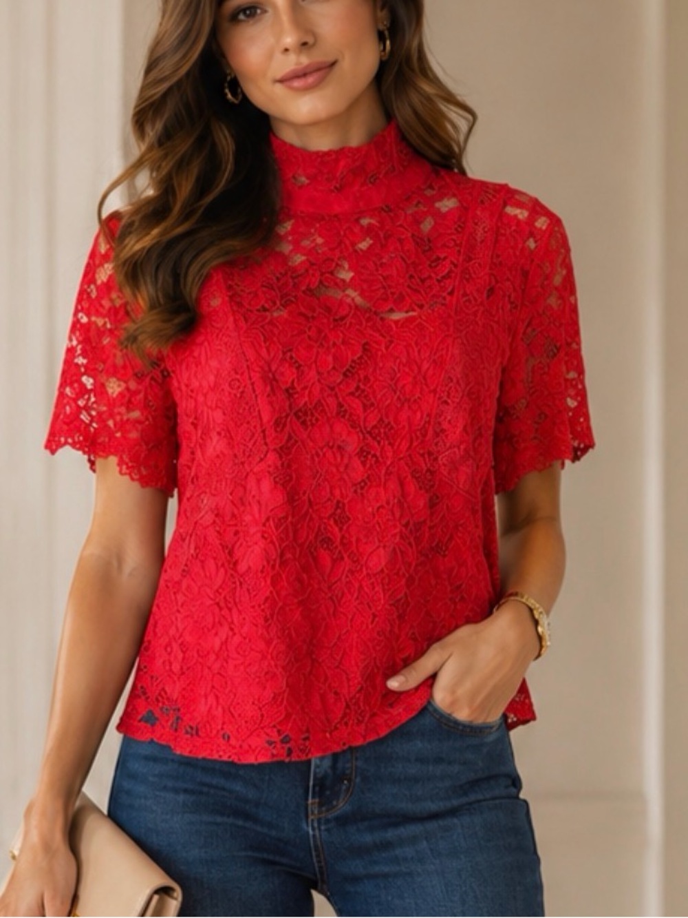 Laundry By Shelli Segal Floral Lace Top In Red Color
